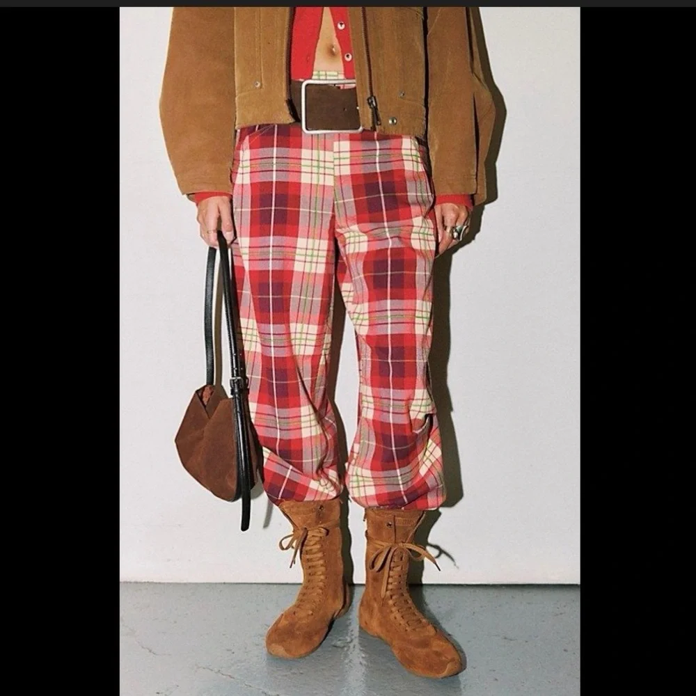NWT Free People Nice Choice Pull-On Pant Wine combo lantern plaid Medium - Picture 2 of 11